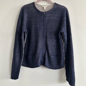 Eileen Fisher Organic Linen Full Zip Cardigan Sweater in navy blue